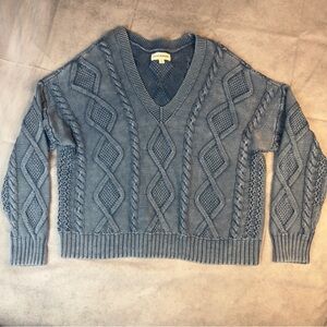 Lucky Brand Blue Cable Knit V-Neck Sweater 100% Cotton Size S